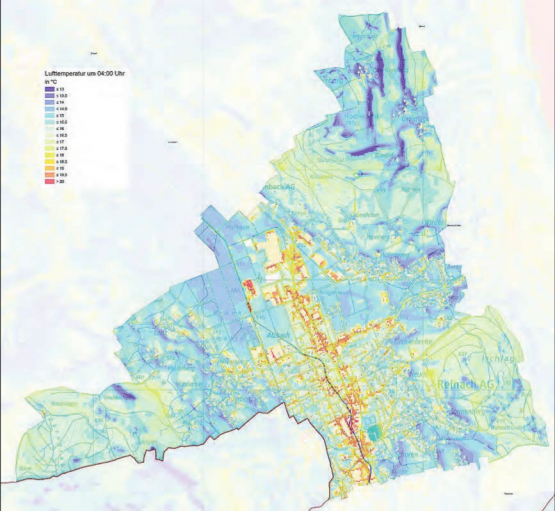 Zukunfts-Szenario 2035 für Reinach: Der Anteil Siedlungsfläche mit einem grossen oder sehr grossen Wärmeinseleffekt steigt von heute 2,1 Prozent auf 15 Prozent im Jahr 2035. (Grafik: Kanton Aargau)