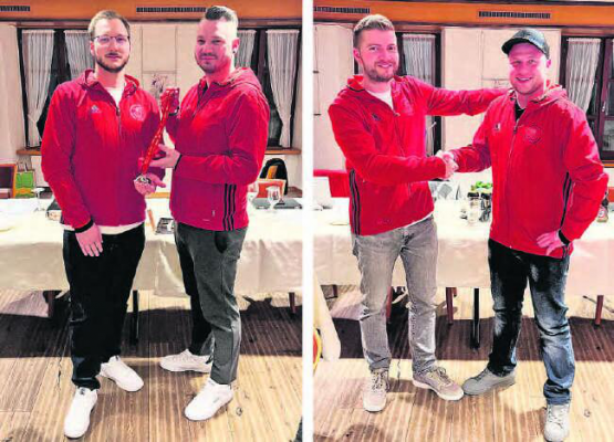 Willkommensgruss: Simon Gloor überreicht dem frisch gewählten Oberturner Nicola Conrad den Hallenschlüssel (Bild links) − Präsident Patrick Steiner gratuliert Marco Lüscher zur Neuaufnahme. (Bilder: zVg.)