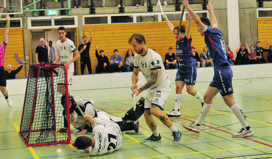 Der Schiedsrichter zeigt ein Tor an, die Reinacher Spieler jubeln, doch der Ball scheint gar nicht im Tor zu liegen − Alles ging jedoch mit rechten Dingen zu, der Ball war vor der Bildauslösung schon im Gehäuse. (Bild: Roland Jaus)
