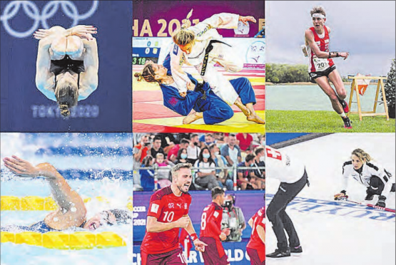 Wer wird Aargauer Sportler/-in des Jahres? Zur Wahl stehen (oben v.l.) Michelle Heimberg (Wasserspringen), Fabienne Kocher (Judo), Matthias Kyburz (Orientierungslauf), Nora Meister (Para-Schwimmen), Noel Ott (Beachsoccer) und das Team Tirinzoni (Curling).