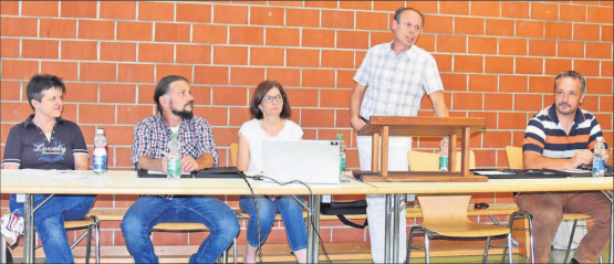 Was soll aus der Schulliegenschaft werden? Die Wiliberger Gemeinderäte schauen am Informationsabend gespannt auf Gemeindeammann Patric Jakob (stehend). (Bild aw.)