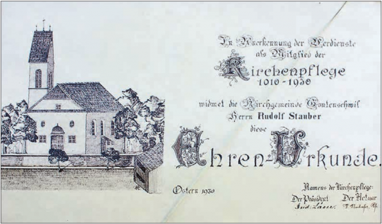 Verdienst als Mitglied der Kirchenpflege: Eine Ehrenurkunde für Rudolf Stauber aber auch zwei weitere Amtskollegen. (Bild: zVg.)