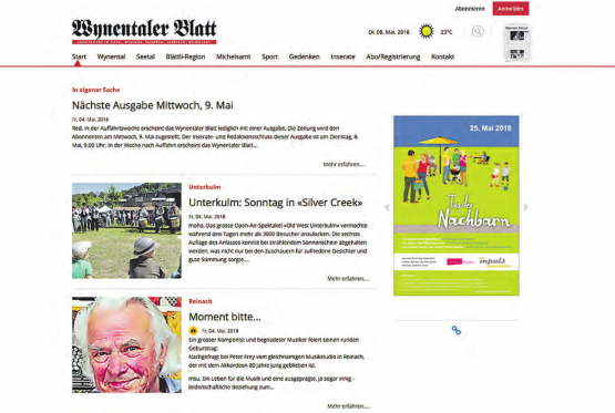 So sieht die neue Internetseite unter www.wynentaler-blatt.ch aus. (Bild: WB)