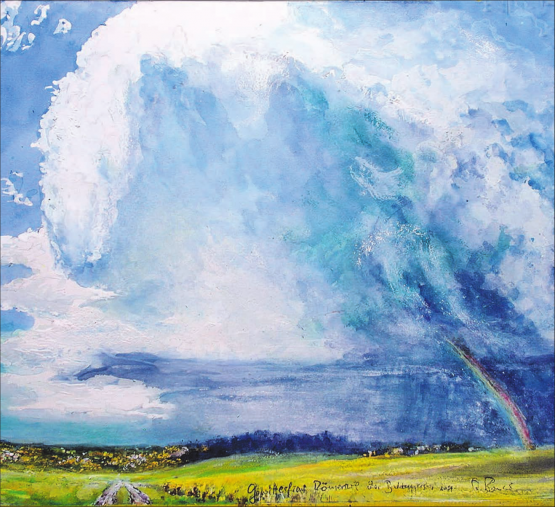 Gewitterfront bei Römerswil – der Baldeggersee ist versteckt, unten zwischen den Moränehängen Erlosen und Lindenberg Aquarell u Mt 50x60cm a Pa, 2024. Gewitterfront Römerswil über Baldeggersee - nF vGB 2020 Gemäldebild und Text von Alberto Romer, Beinwil am See