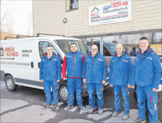Die Abbühl + Schmid GmbH heisst neu Wyntech AG: Neuer Name, bewährte Kompetenz und Qualität, dafür stehen Timo Vogt, Dzevljan Sulejmani, Matthias Schmid, Martin Abbühl und Markus Kuster (v.l.n.r.). (Bild: zVg.)
