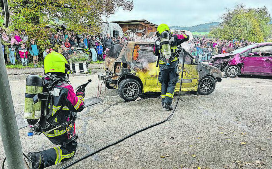 Das brennende Auto wird von der Feuerwehr Reitnau gelöscht. (Bild: kf.)