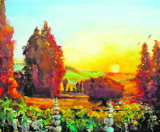 Aquarell u Mt 50x60cm a Pa, 2023. Morgenstimmung Böju von Reinach Lenz her gesehen. Gemäldebild und Text von Alberto Romer, Beinwil am See