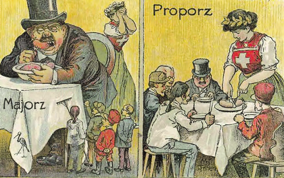 Aus dem Staatsarchiv Basel Stadt: Die Funktionsweise des Grossen Rates, der im Proporzsystem gewählt wird, wurde 1905 auf anschauliche Art vermittelt. (Bild: Staatsarchiv BS)