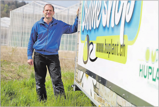 «Kaufen wo es wächst» – Adrian Huber weist mit einem Anhänger auf seiner Wiese und Inseraten in den lokalen Medien auf das Online-Angebot hin. (Bilder: rc.)