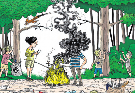 Der Sommer im Wald ist schön, beim Feuermachen ist aber Aufmerksamkeit gefordert – sonst kanns ins Auge gehen... (Cartoon: Silvan Wegmann/zVg.)