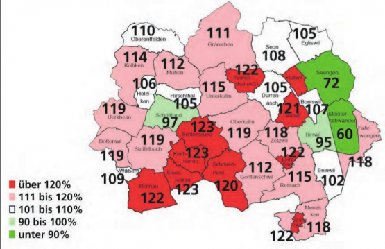 Steuerfüsse der Region: Die Prozentzahlen der Gemeinden vom See- bis ins Suhrental im Fokus. (Grafiken: mars/agis)