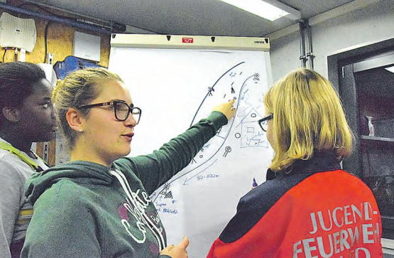 Keine leichte Aufgabe: Diese beiden jugendlichen Feuerwehrfrauen mussten aufzeichnen, was bei der Absicherung eines TLF auf einer Hauptstrasse zu beachten ist.
