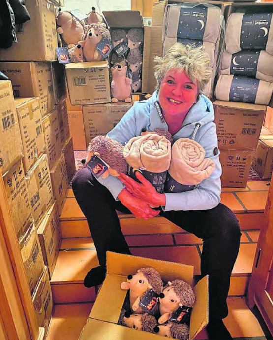 Wie viele Igel kommen noch dazu? Helen Dietsche inmitten von Schachteln mit Decken und Plüsch-Igeln, die sie zu Hause in Gontenschwil lagert. (Bild: zVg.)