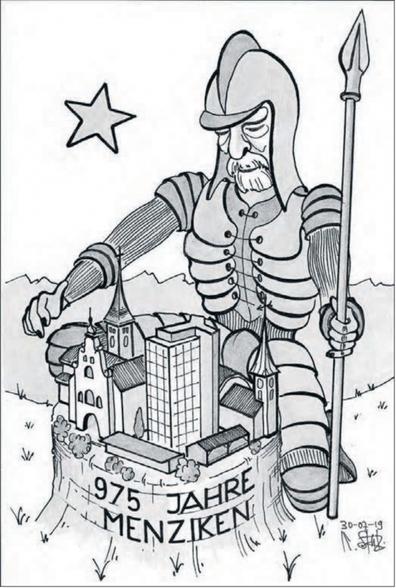 Auch Zeichner Kari Stutz ist schon aktiv: Seine Skizze mit Ritter Menzo zum 975 Jahre Jubiläum der Gemeinde Menziken. (Bild: Kari Stutz)