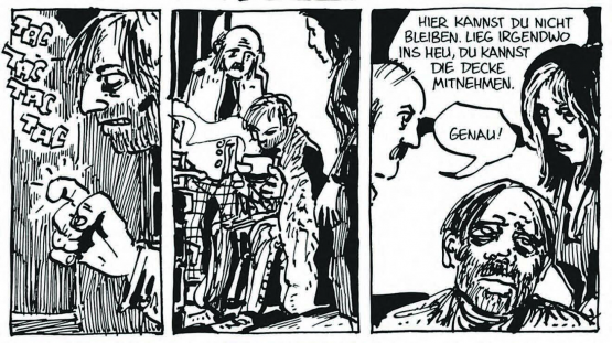 Matter bleibt nach seinem sechsten Ausbruch verschwunden: Bekannte versorgen ihn mit dem Nötigsten, die Landjäger führt er an der Nase herum. (Bild: Matter-Comic, Reto Gloor, Markus Kirchhofer, Edition Moderne)