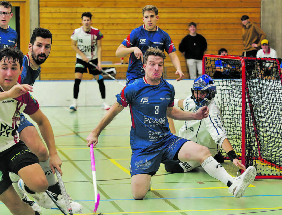 In der Pfrundmatt kam hier kaum einer durch: Michael Gürber (3) und Torhüter Marcel Schaffner halten den Kasten von Lok Reinach dicht – beobachtet von Simon Zaugg (hinten), Pascal Richner (mit Bart) und Joel Galliker (mit Schutzbrille). (Bild: Roland Jaus)