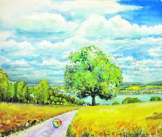 Seetal mit Hallwilersee, Aussicht von Zufahrt Böju, Aquarell m MT 50x60cm a PaLw 2021.Text und Bild von Alberto Romer, Beinwil am See.