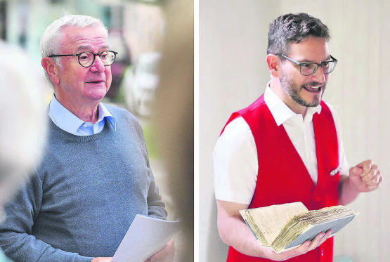 Kompetenz und Wissen: Martin Heiz (l.) erzählte Historisches über die Gebäude rund um den Lindenplatz, Raoul Richner las aus Taufrodeln, Kirchenbüchern und aus anderen schwer lesbaren Schriftstücken. (Bilder: rc.)
