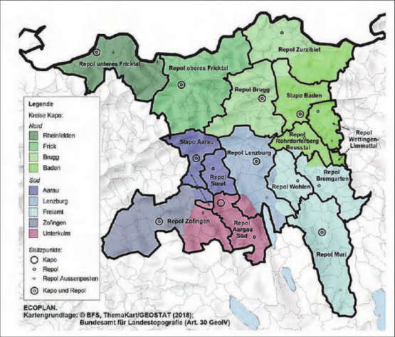 Das duale Aargauer Polizeisystem: Mit den 15 Regionalpolizeien, den Kreisen der Kantonspolizei wie auch den jeweiligen Posten. (Bild: zVg.)