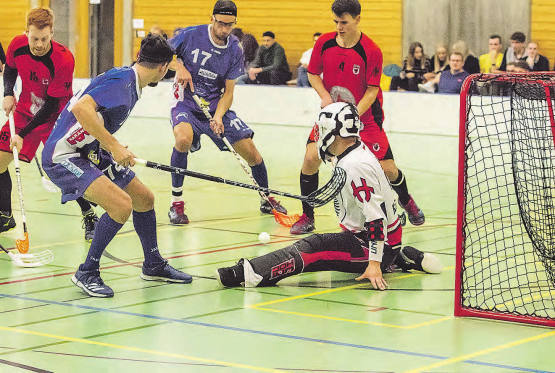 Reinacher Powerplay: Lukas Hediger (Mitte) bringt den nach 20 Minuten eingewechselten Aarauer Hüter Chai Keller in Bedrängnis. (Bilder: Roland Jaus)