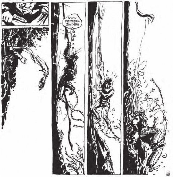 Ausbruch nach 534 Tagen Kettenhaft: Bernhart Matter verschwindet am Seil aus Leintüchern und Wolldecken über die Mauer der Festung Aarburg in die Freiheit. (Bild: Matter-Comic, Reto Gloor, Markus Kirchhofer, Edition Moderne)