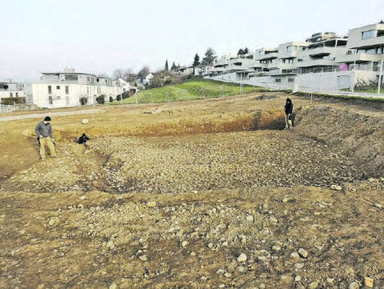Römischer Strassenabschnitt in Seengen: Das Grabungsteam der Kantonsarchäologie auf dem 7 Meter breiten römischen Strassenabschnitt. Der Grabungsmitarbeiter hinten links steht im ausgehobenen Strassengraben. (Bild: zVg.)