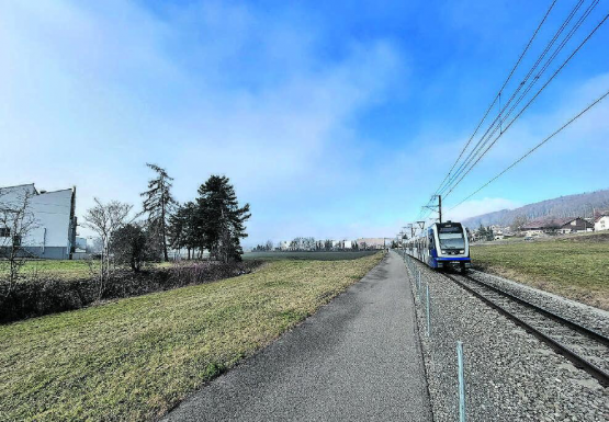 Ein möglicher Standort für die Werkhallen der Wynental- und Suhrentalbahn ist das in privatem Besitz befindliche Land zwischen der Alu Menziken und der Gemeindegrenze zu Leimbach. (Bild: Remo Conoci)