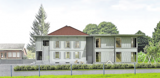 Eine «identitätsstiftende Baute»: Visualisierung des künftigen Doppelkindergartens auf dem Areal der Musikvilla mit Standort beim Gemeindehausplatz Beinwil am See. (Visualisierung Architekturbüro Sik)