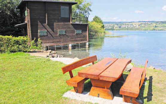 Ein wahres Bijou, das allein den Dorfbewohnern gehört: Das Holz, aus dem die massive Sitzbank vom Forstamt Rietenberg gefertigt wurde, stammt von der Eiche, die 2017 an gleicher Stelle umgestürzt ist. (Bild: Remo Conoci)