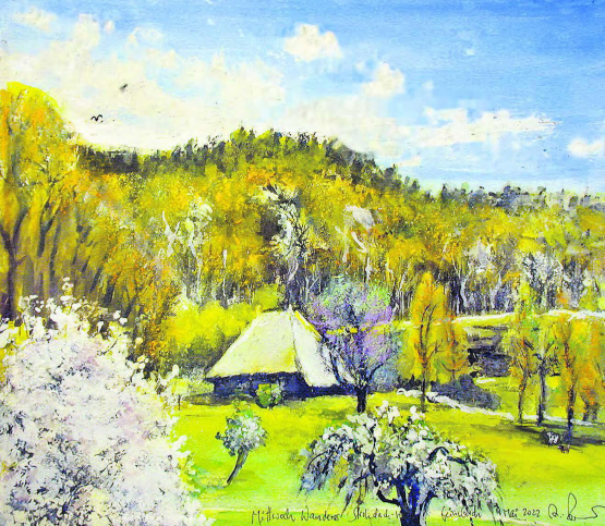 Das wunderbare Strohdach-Hochstudhaus über Leimbach Aquarell u Mt a PaLw 50x60cm 2022. Bildgemälde und Text von Alberto Romer, Beinwil am See.