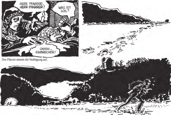 Einbruch im Gränicher Pfarrhaus: Bernhart Matter wird vom Pfarrer talaufwärts Richtung Kulm verfolgt. (Bild: Matter-Comic, Reto Gloor, Markus Kirchhofer, Edition Moderne)