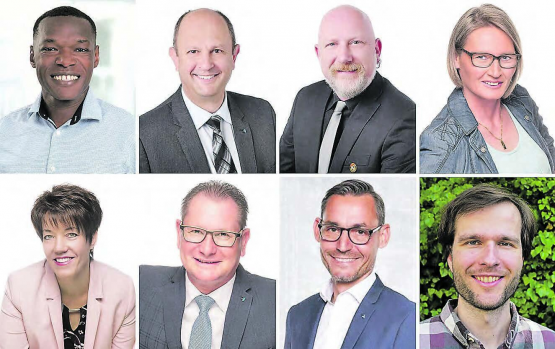 Gewählt sind, oben v.l.: Ignatius Ounde (Gränichen, GLP), Markus Gabriel (Uerkheim, SVP), Erich Hunziker (Kirchleerau, SVP) und Renate Häusermann-Meyer (Seengen, SVP). – Unten v.l.: Jacqueline Felder (Boniswil, SVP), Rolf Jäggi (Egliswil, SVP), Gérald Strub (Boniswil, FDP) und Maurus Kaufmann (Seon, Grüne). (Bilder: zVg.)